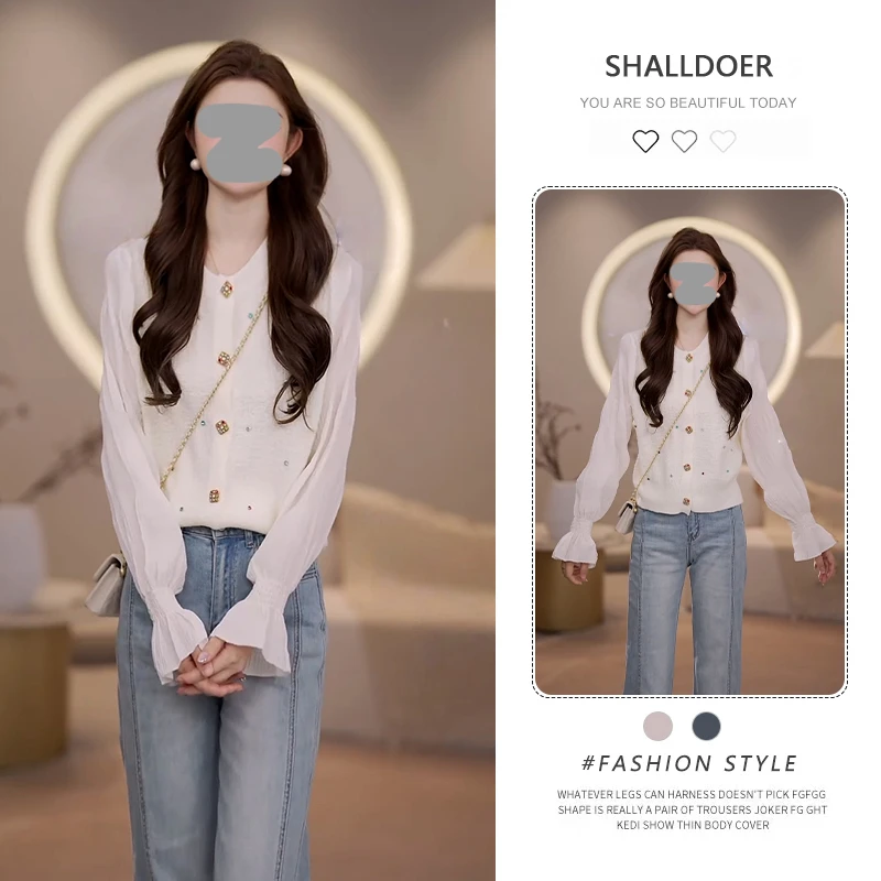 法式轻奢烫钻长袖针织衬衫女2026春秋新款宽松显瘦减龄打底衫上衣