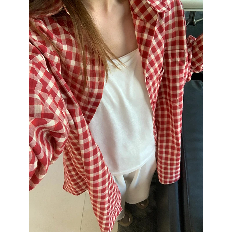 韩系红色格子衬衫女2025新款慵懒宽松休闲衬衣外套百搭薄款秋季