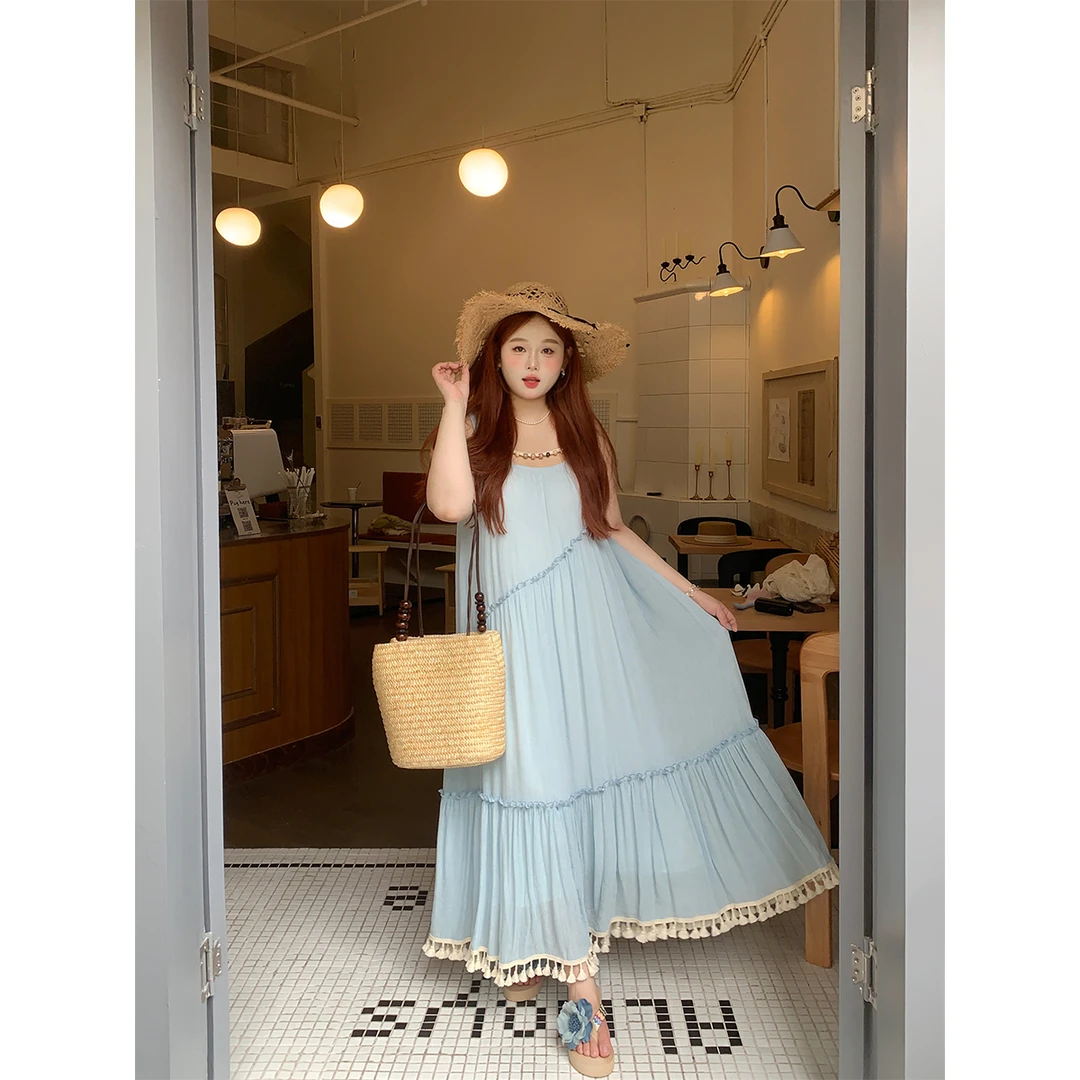 徐达布【半岛画廊】大码宽松蓝色连衣裙女木耳边吊带裙L34115C52