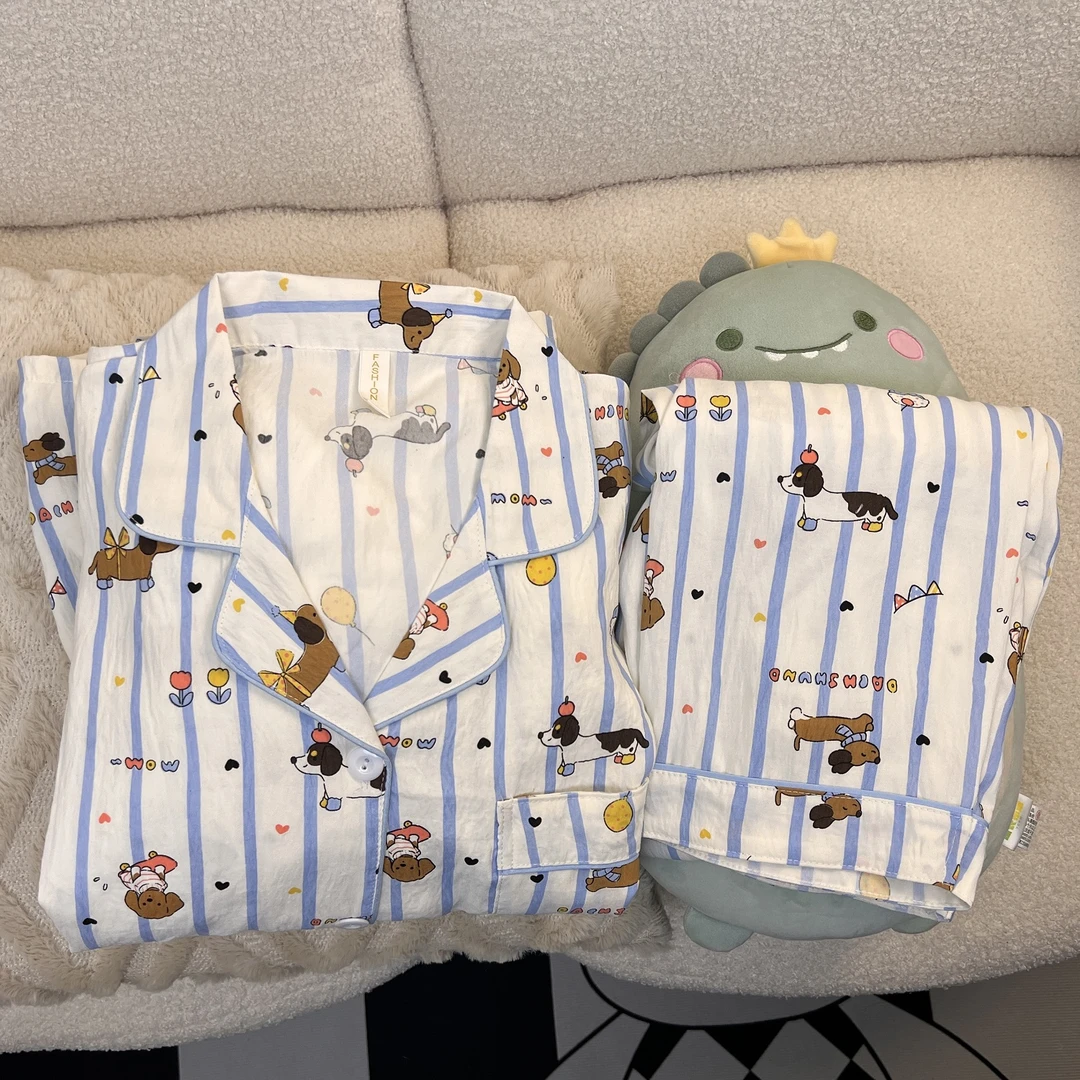 甜美卡通图案印花睡衣女长袖长裤云朵棉套装ins春秋季翻领家居服