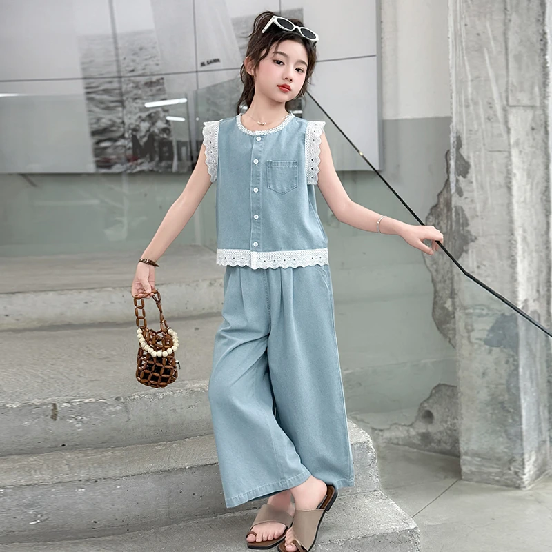 女童套装儿童拼接花边背心牛仔阔腿裤两件套6-12岁女童网红裙子