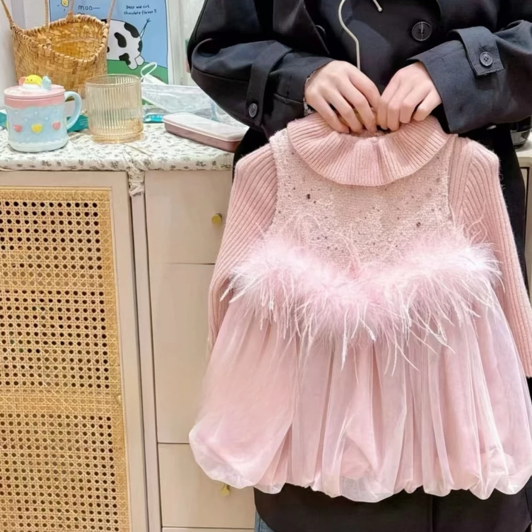 加绒粉色花苞裙羽毛背心裙秋冬女童柔软