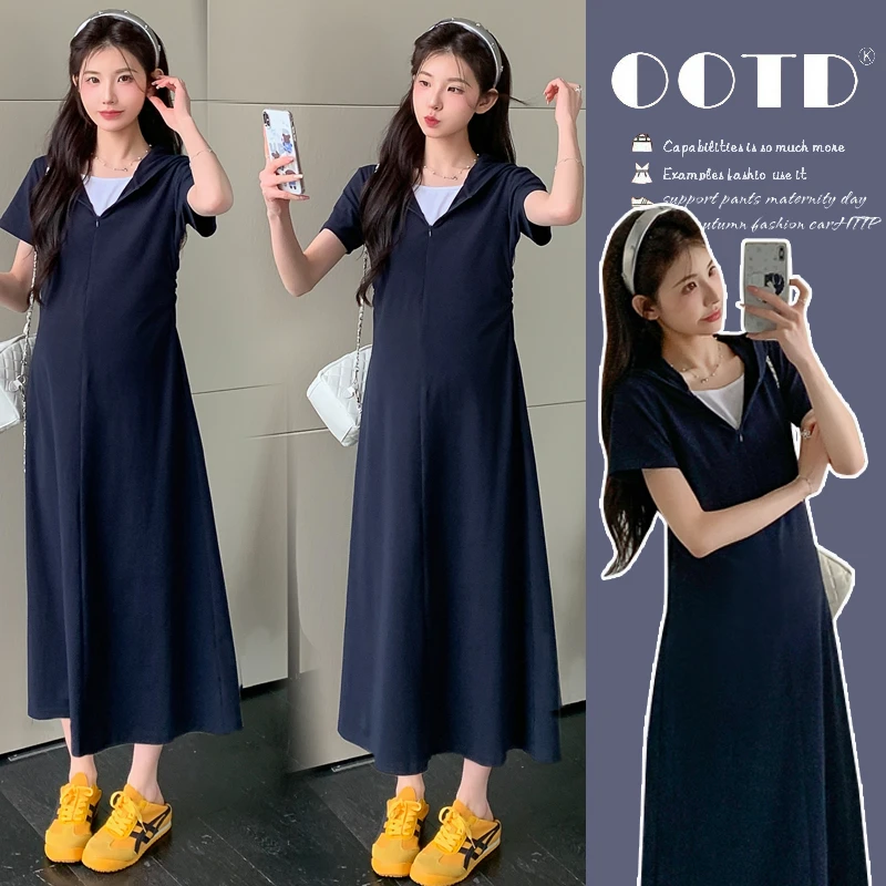 孕妇连衣裙夏2025新款时尚假两件连帽腰部收褶休闲日常懒人孕妇裙