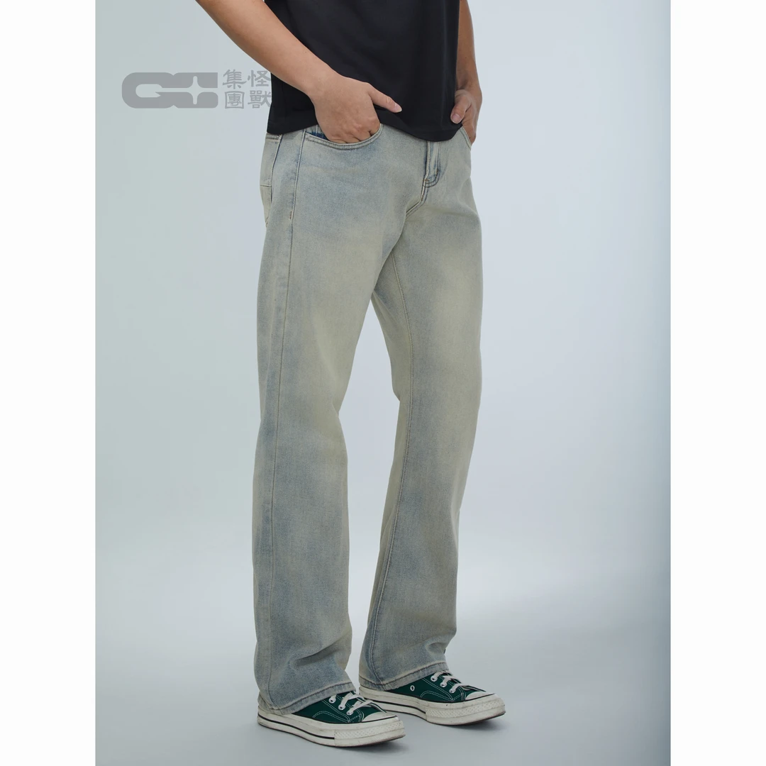 【怪兽实验室】复古水洗做旧517黄泥直筒微喇牛仔裤宽松百搭长裤