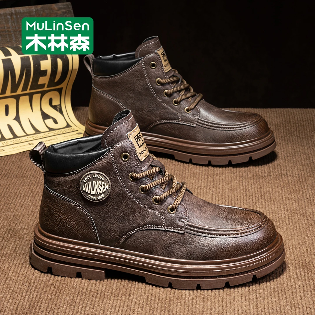 木林森马丁靴男款秋季英伦风工装靴男高帮老钱风复古男士中帮皮鞋