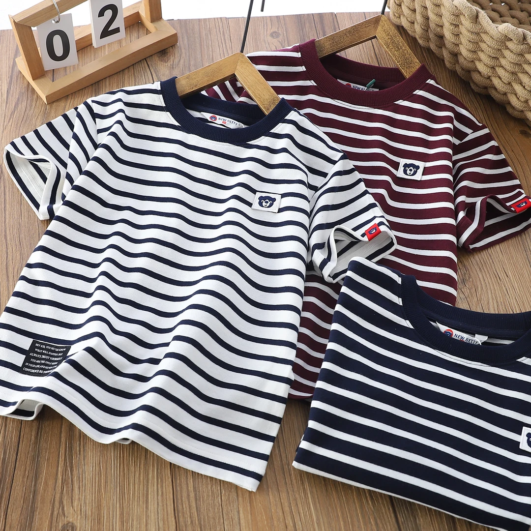 经典休闲夏季条纹短袖衫儿童百搭小熊贴标时尚上衣圆领T恤XZ251