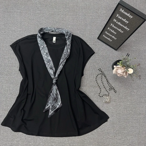 【鑫亚优选】2025夏款时尚宽松飞机袖丝巾短袖