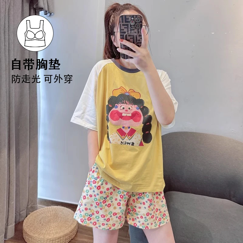 夏季欧若风新款甜美可爱短袖短裤带胸垫睡衣女生莫代尔圆领家居服
