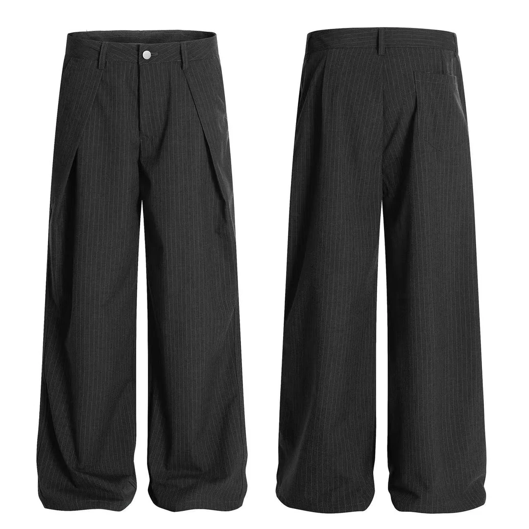 STR 美式复古褶皱条纹A字立体垂坠阔腿西裤通勤宽松长裤