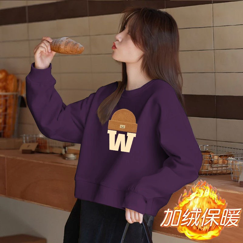 加绒/不加绒洋气华棉套头圆领卫衣印花别致高腰短款小众女士外套