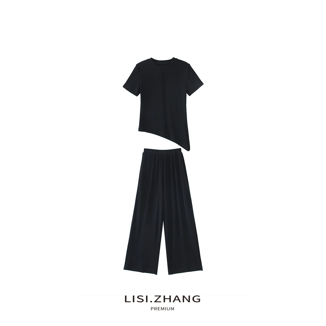 LISI.ZHANG--【T恤长裤套装】时尚不规则T恤阔腿弹力裤时尚套装