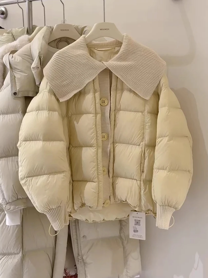 2025新款气质棉服外套短款小个子高端拼接针织大翻领棉服宽松气质