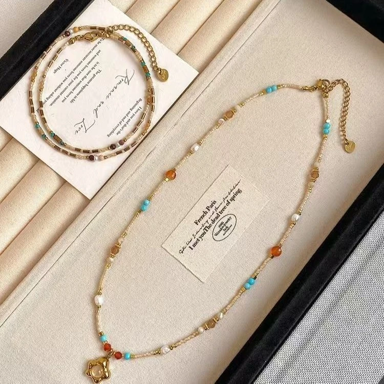 钛钢石英石项链 清新猫眼石彩虹糖串珠项链女ins简约百搭锁骨链