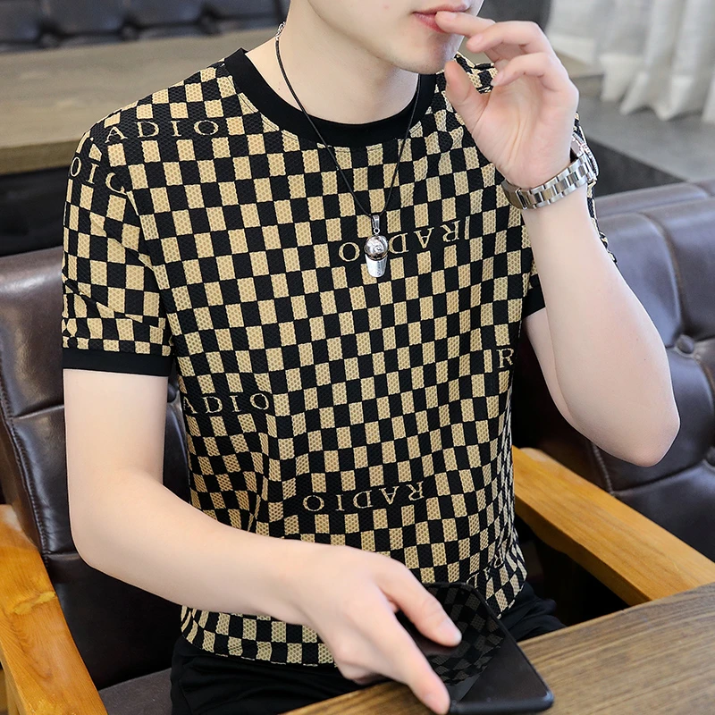 麦克斯新款男士夏季格子休闲短袖轻薄透气百搭圆领潮流t恤3885