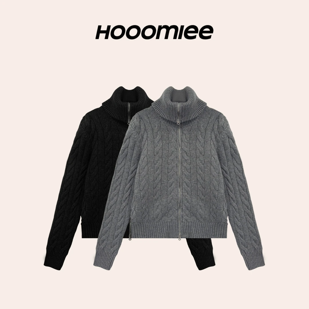 Hooomiee 老钱简约 绵羊毛大翻领麻花针织女士上衣YS25203