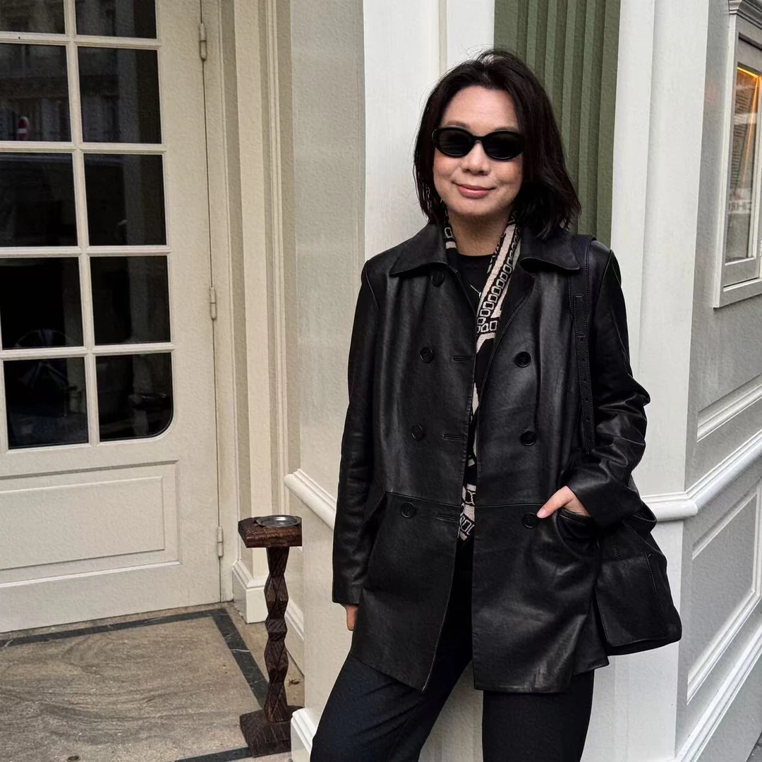 Ms.Qnn“英伦老钱” 英伦风双排扣绵羊皮 一手长皮衣外套 5097C Q姐