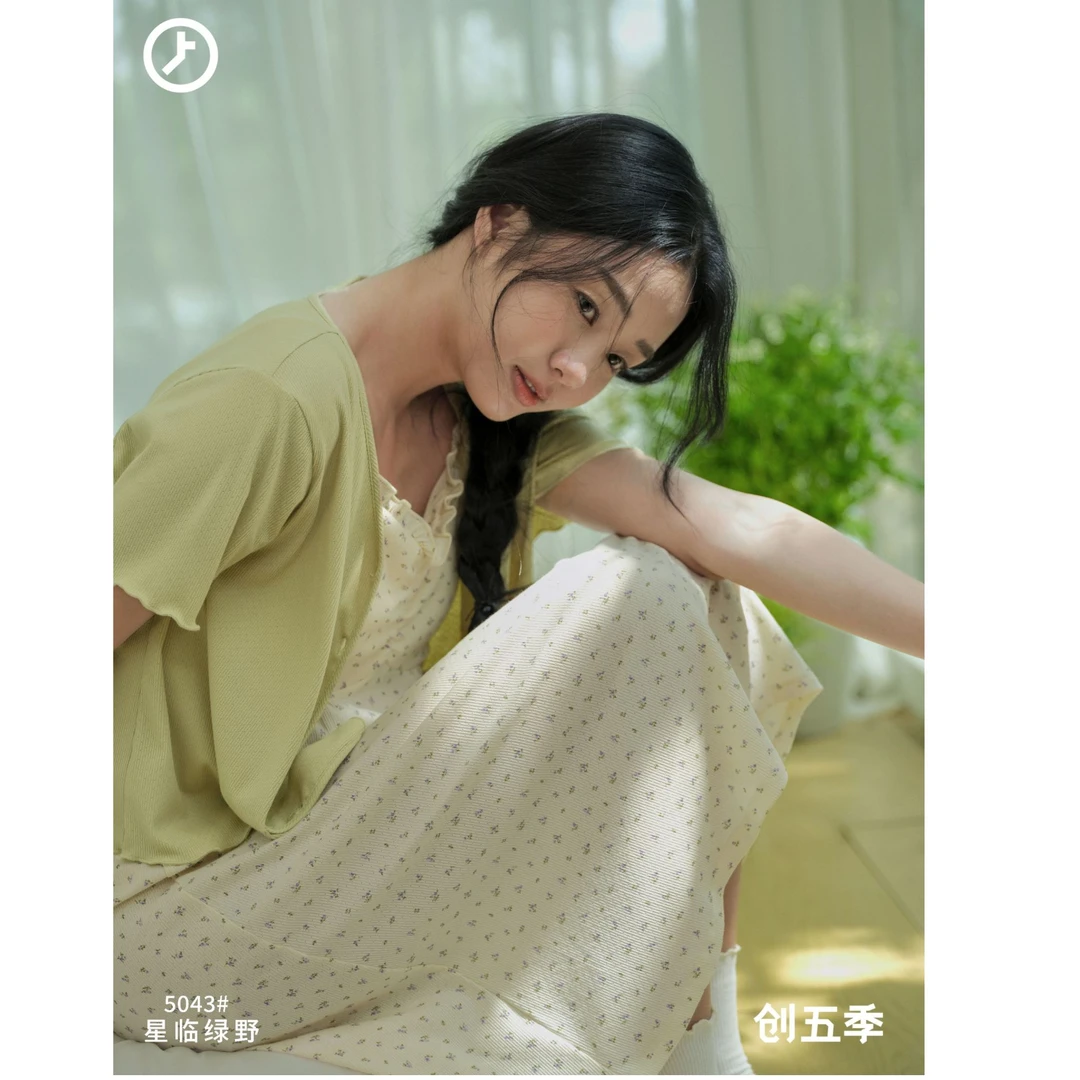 创五季短袖小上衣温柔套装睡衣夏季带内衬吊带裙复古甜美宽松5043