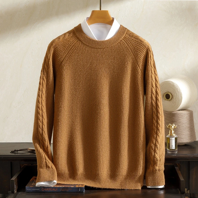 男士圆领麻花袖100%纯山羊绒衫加厚保暖针织衫毛衣休闲百搭打底衫