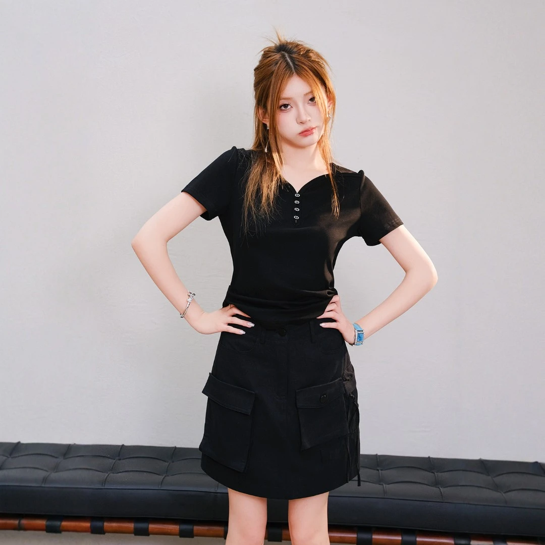 【现货】MIUCO飒美工装风贴布口袋系带蝴蝶结白色短裙S3393