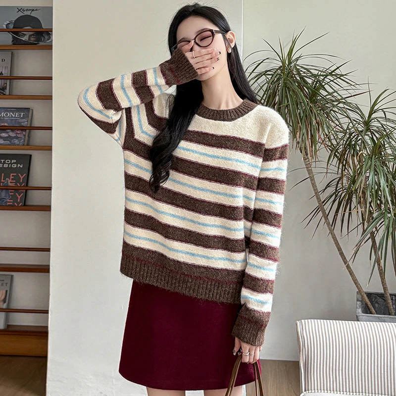 韩版条纹套头针织衫毛衣2025最新款学院风圆领女秋冬外穿打底上衣