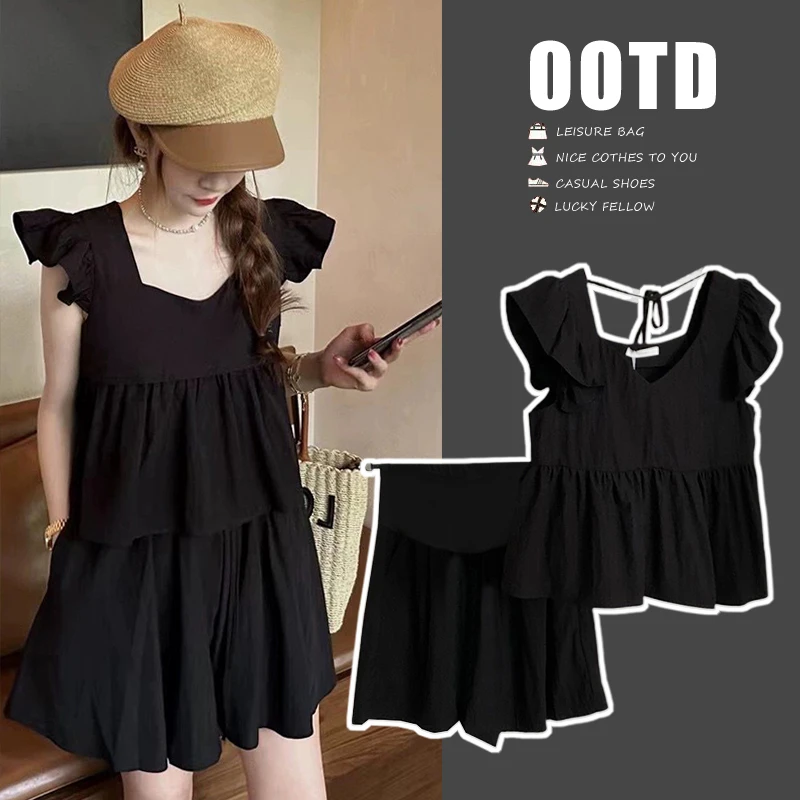 2025年新款夏装孕妈妈飞飞袖上衣+短裤孕妇套装百搭小个子休闲装