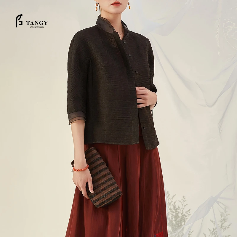 TANGY/天意精品秋冬新品莨绸香云纱拼纱短外套L212018