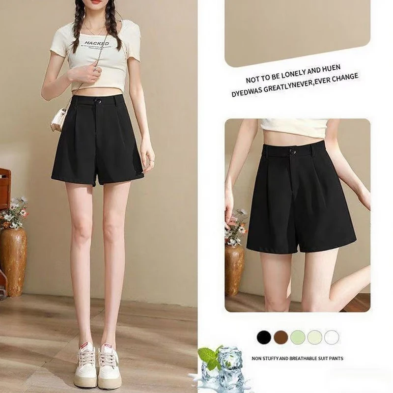 KALUOLAI/卡洛莱黑色西装短裤女2025夏季宽松显瘦高腰直筒阔腿裤