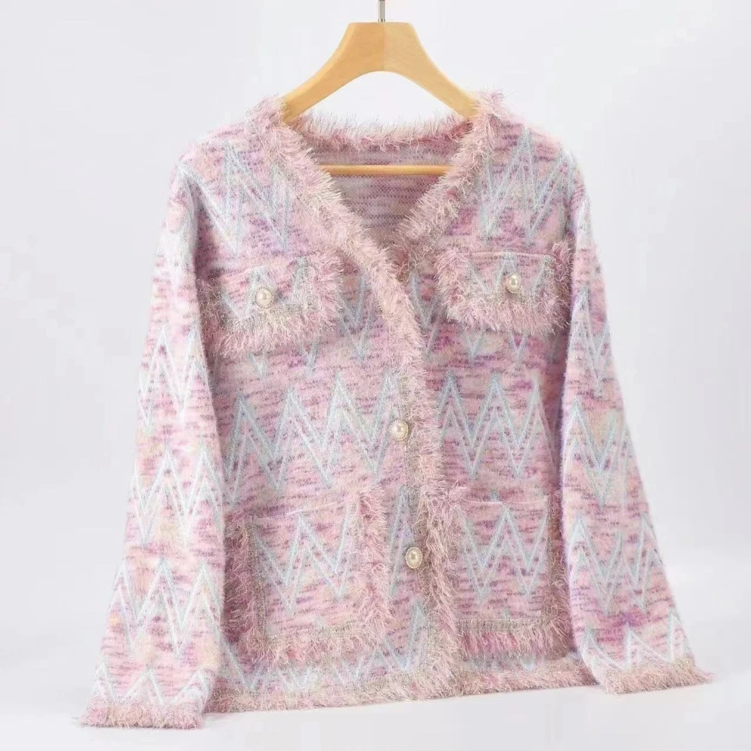 折线纹紫粉针织小香风外套女气质通勤风法式小香风法式小香风外套