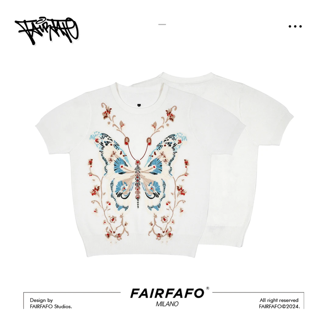 FAIRFAFO林肉肉【蝴蝶刺绣针织短袖】MK24MY020时尚洋气刺绣短袖