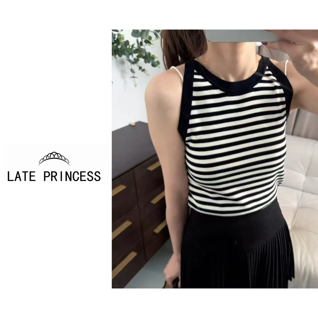 LATE PRINCESS【斑江】黑白条纹设计感背心女春季气质针织无袖T恤