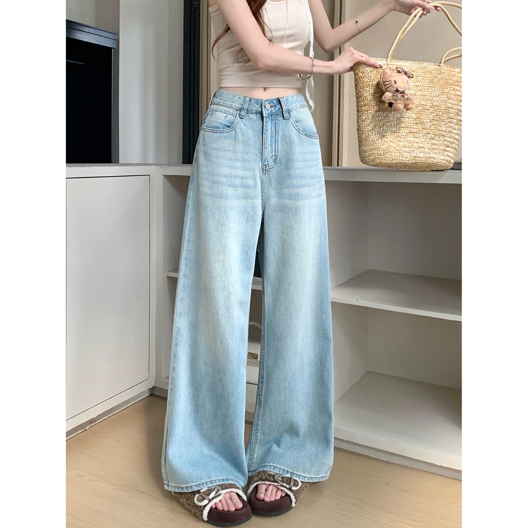 复古水洗蓝色阔腿裤高腰牛仔裤女夏季设计感宽松拖地裤直筒裤长裤