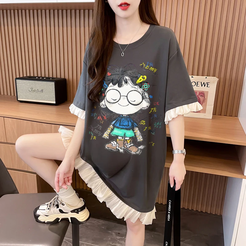 夏季宽松大码蕾丝拼接T恤裙女爆款时尚洋气纯棉设计感减龄连衣裙