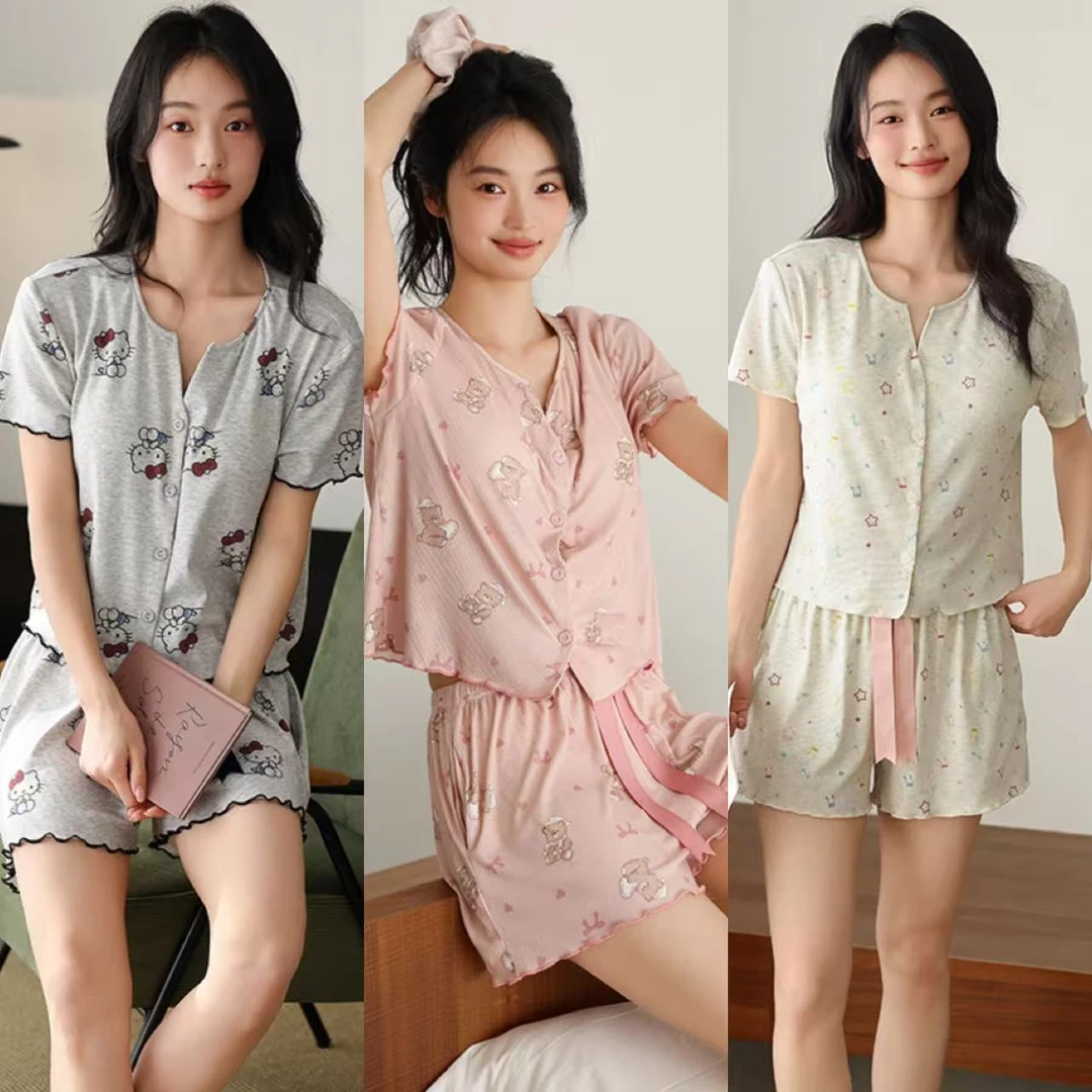 卡通kitty猫短袖短裤薄款牛乳冰丝睡衣夏天夏季家居服套装可外穿
