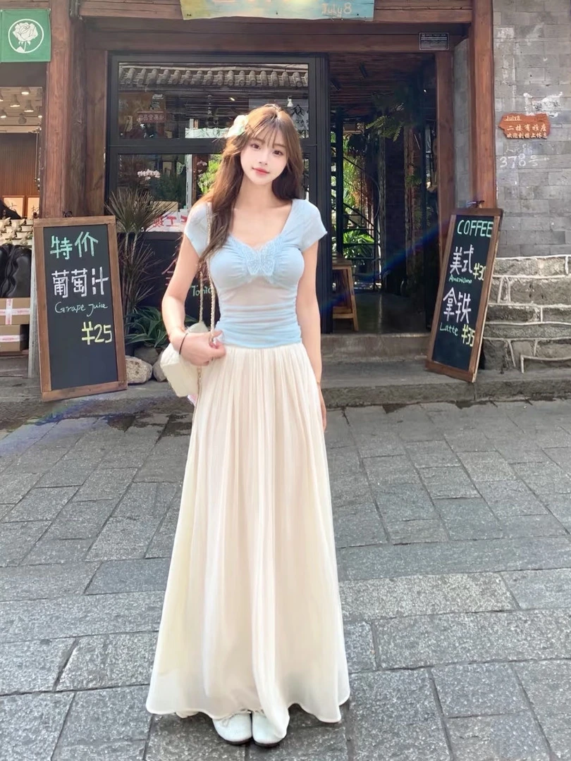 6669夏季新款杏色甜美风松紧腰高腰百搭显瘦简约A字长款半身裙