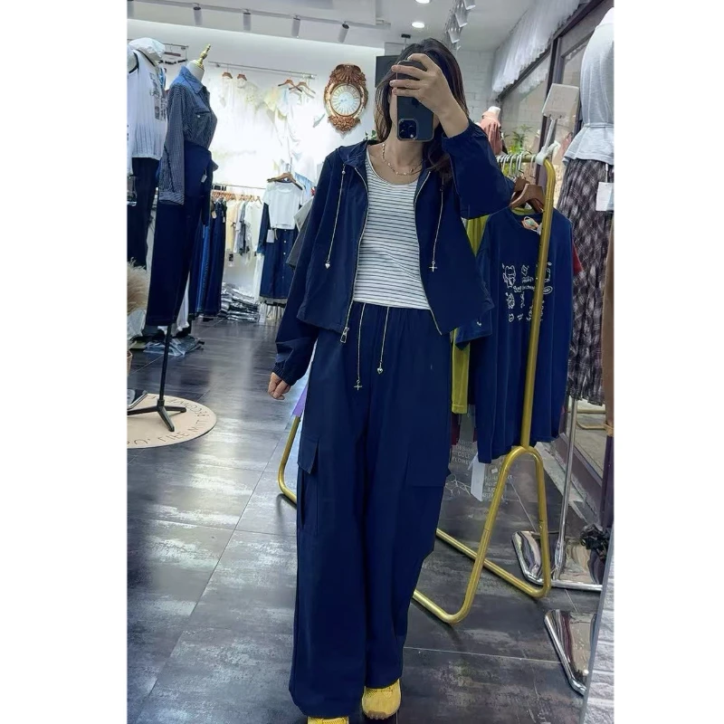 秋季新款工装风连帽简约外套背心阔裤三件套时尚减龄休闲通勤青春