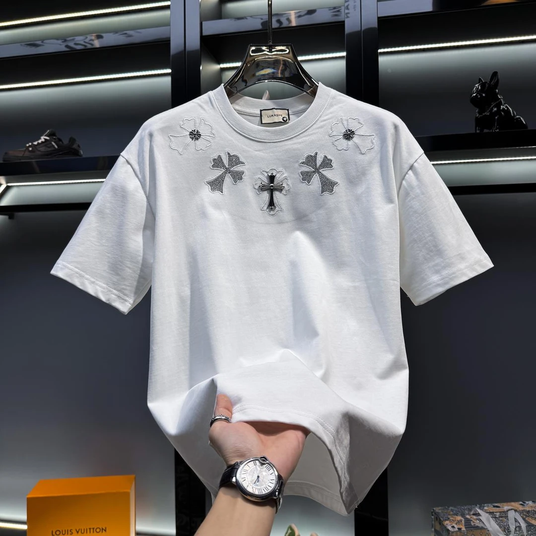 男装男士美式高端烫钻刺绣圆领短袖恤2025新款夏季宽松欧货轻奢