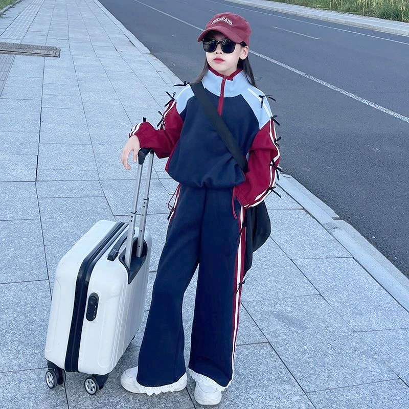 女童秋季运动套装韩系洋气中大童拉条蝴蝶结撞色卫衣阔腿裤两件套