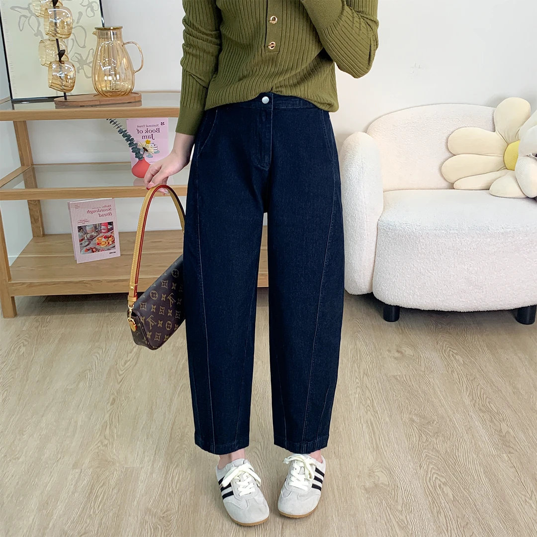 秋季新款深蓝色哈伦牛仔裤大码胖妹妹梨型身材宽松百搭显瘦老爹裤