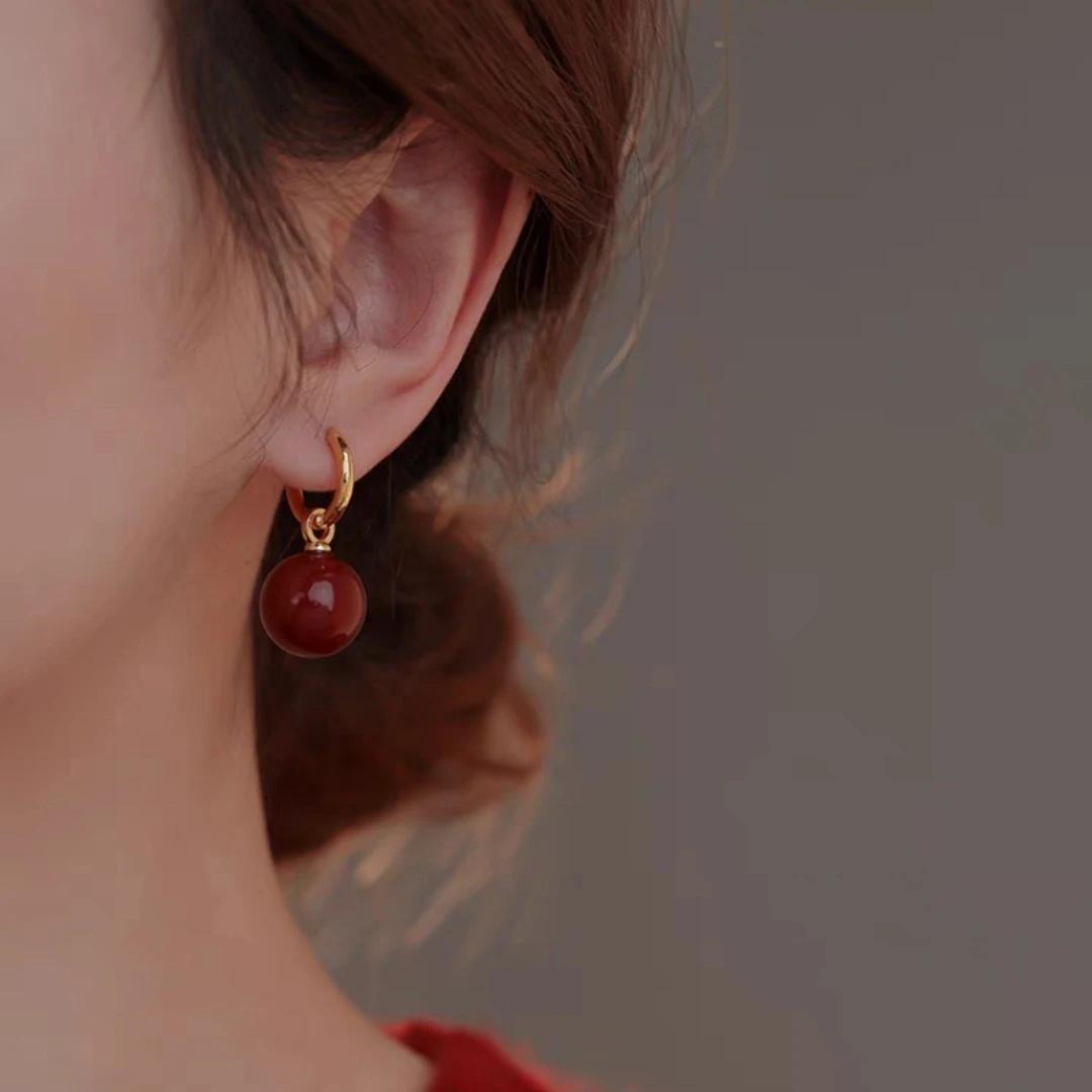 含辰砂工艺品S999纯银朱砂耳环红色耳饰女百搭耳坠气质紫金砂耳圈