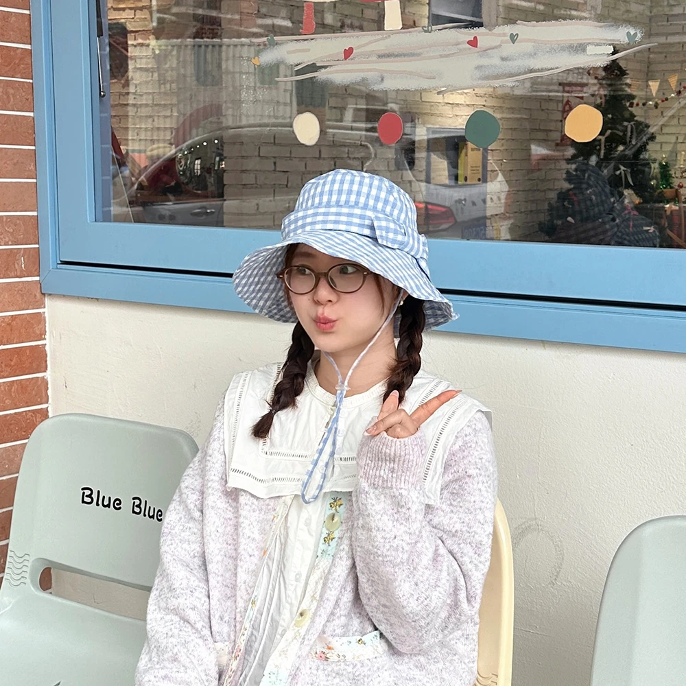 蝴蝶结格子渔夫帽女春夏日系可爱小清新出游防晒显脸小大檐遮阳帽