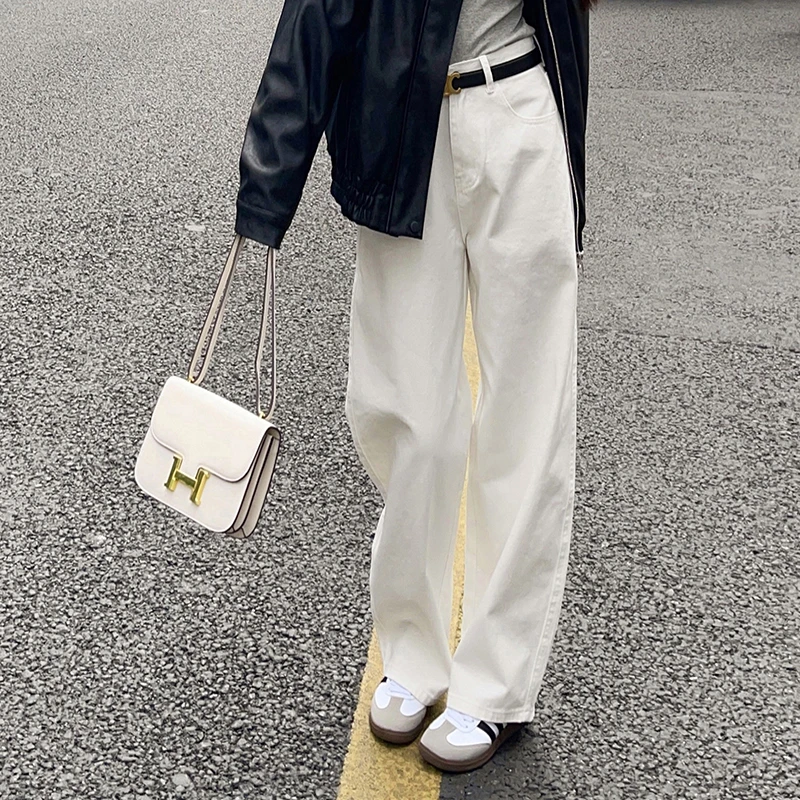 9621 高腰百搭白色牛仔裤女秋宽松显瘦拖地长裤直筒阔腿裤子