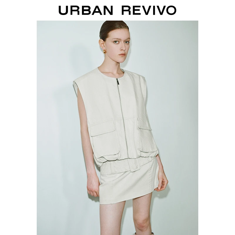 UR2025春季新品女装欧若风肌理立体贴袋无袖牛仔外套UWG850056