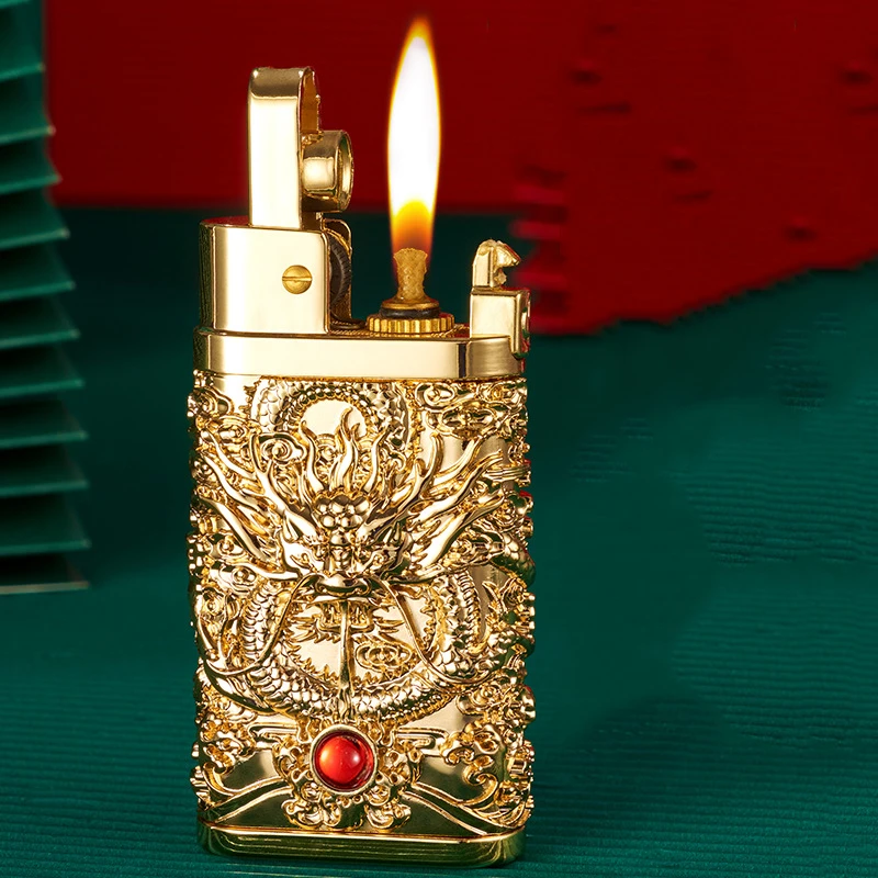 豫邦金属不掉漆煤油火机巨浪3号祥龙戏珠立体浮按压自动弹射火机