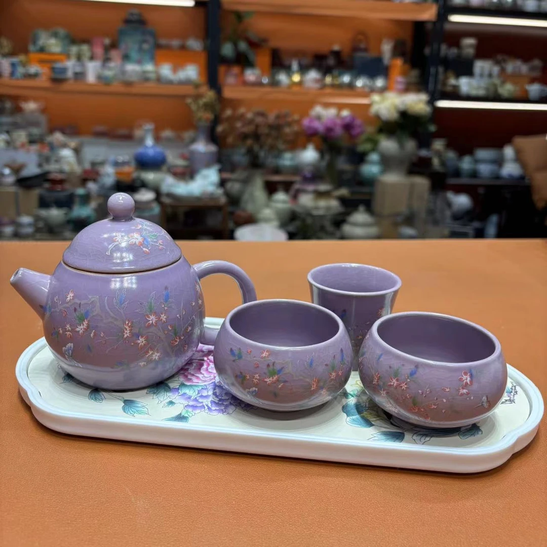友名 紫色紫藤花龙蛋壶+2个罗汉杯+1个直身杯+盘-2835
