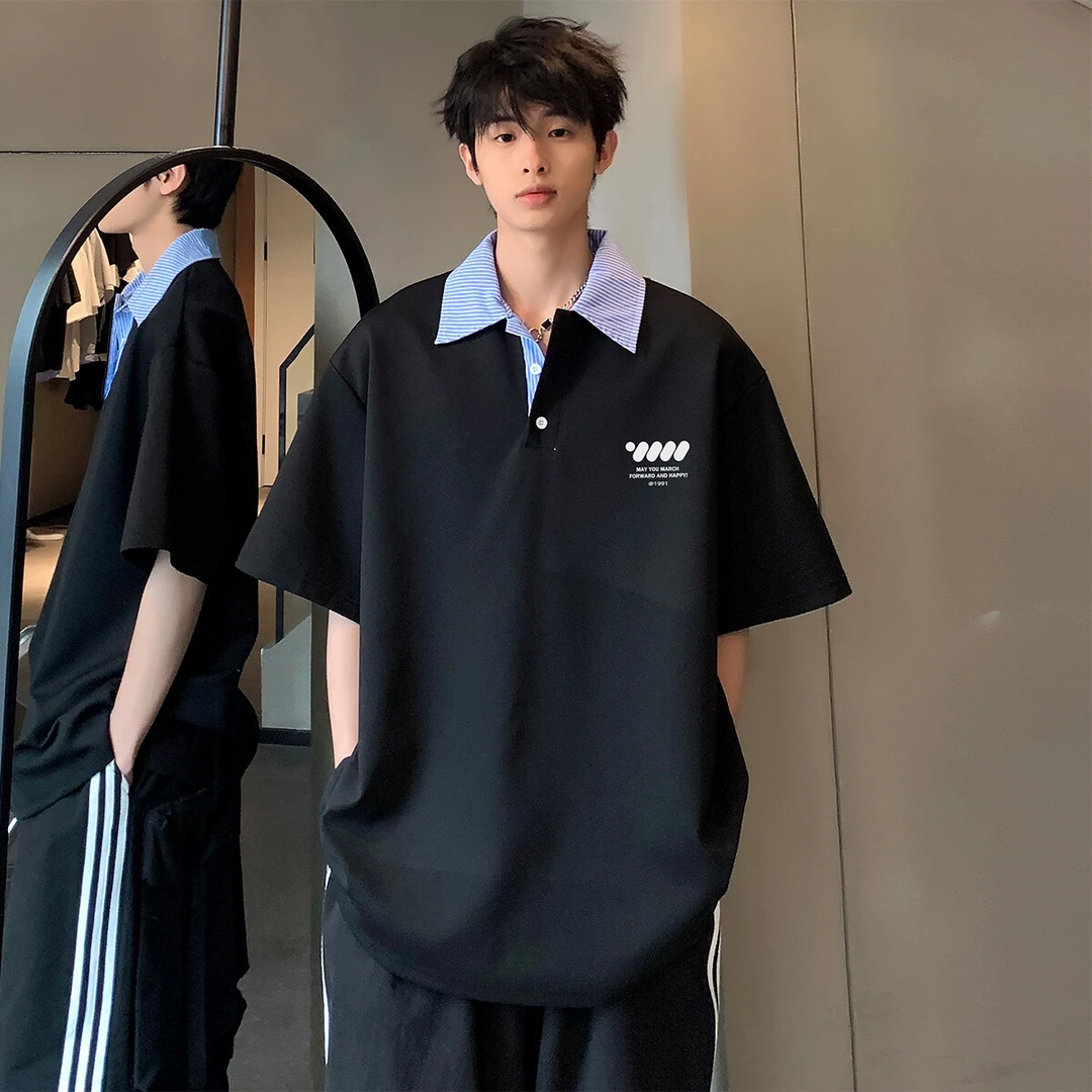 翻领时尚极简主义大气潮牌衬衫拼接假两件衫短袖T恤T运动休闲百搭