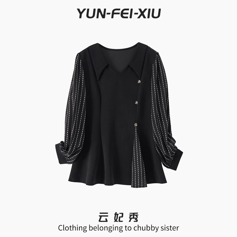 云妃秀大码女装T恤翻领拼接条纹时尚宽松显瘦遮肉胖妹妹秋季3016