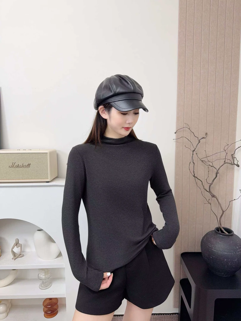 秋季小高领女长袖静奢风显瘦修身纯色设计感百搭休闲T恤打底衫