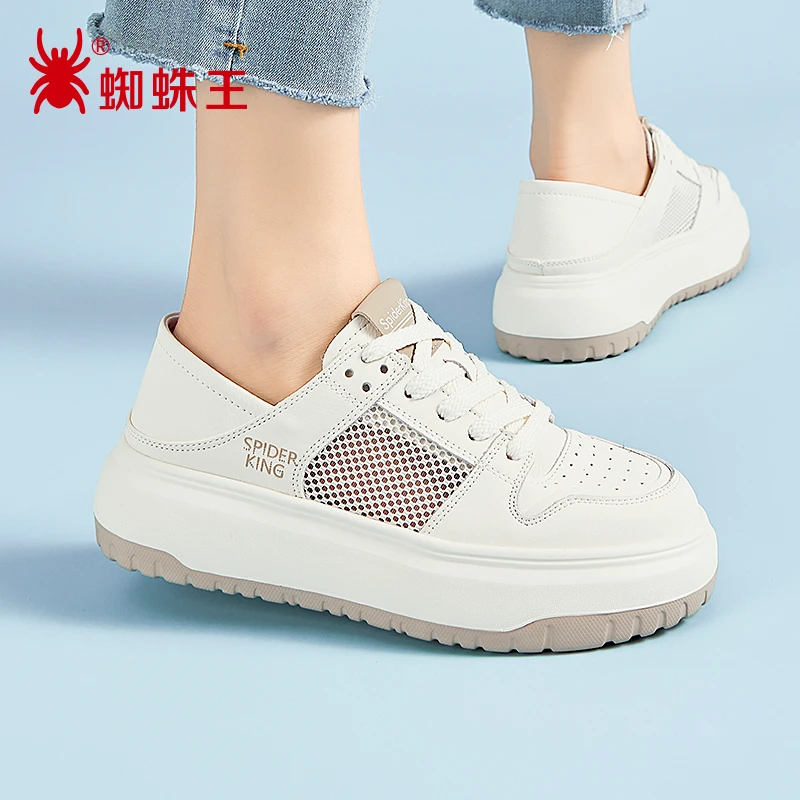 蜘蛛王女鞋网面小白鞋2025新夏季真皮镂空透气舒适休闲板鞋38F078