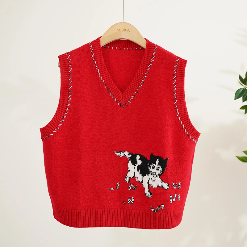 北方猫咪嵌花手工绣100%羊毛背心女士毛衣（241922）20903