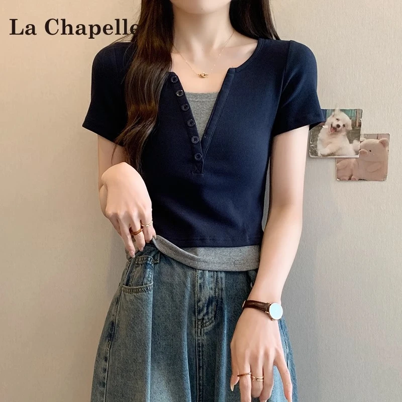拉夏贝尔美式辣妹假两件短袖t恤女夏季2025新款撞色修身显瘦上衣